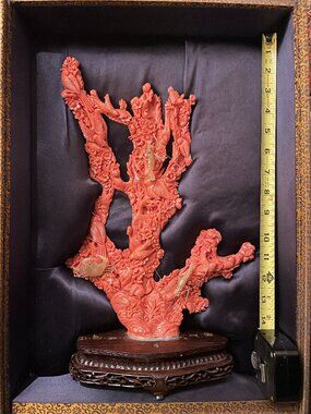 Intricately Carved Coral Sculpture in Silk-Lined Presentation Case